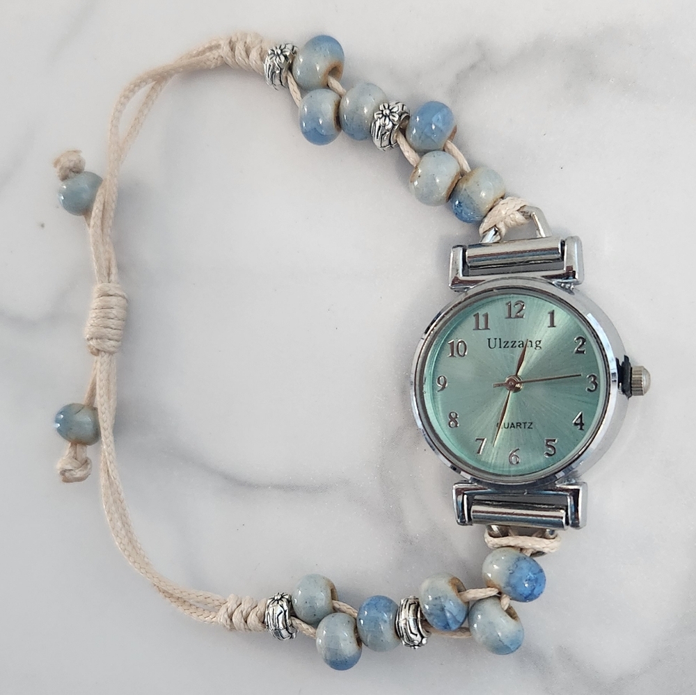 Ceramic Green Dial Beaded Bracelet Watch With Wax Rope - Picture 3 of 12